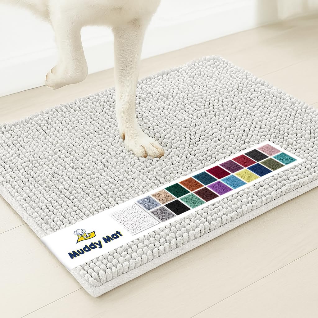 Muddy Mat® AS-SEEN-ON-TV Highly Absorbent Microfiber Door Mat and Pet Rug, Non Slip Thick Washable Area and Bath Mat Soft Chenille for Kitchen Bathroom Bedroom Indoor and Outdoor - White 36" x 120"