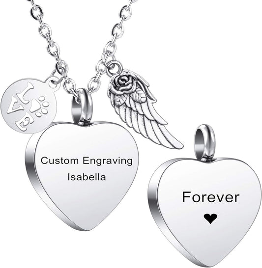 MeMeDIY Personalized Heart Paw Print Ashes Urn Pendant Necklace Custom Name/Photo/Date for Women Men Pet Lover Stainless Steel Memorial Dog Cat Pet Keepsake with Funnel Fill Kit Angel Wing