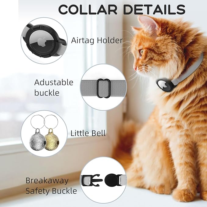 AirTag Cat Collars, Stretchy Collar with Apple AirTag Holder and Bell, Breakaway Ultra Design Elastic GPS Tracking Collars for Cats and Puppies, (7.5-12.5 Inch), Gray