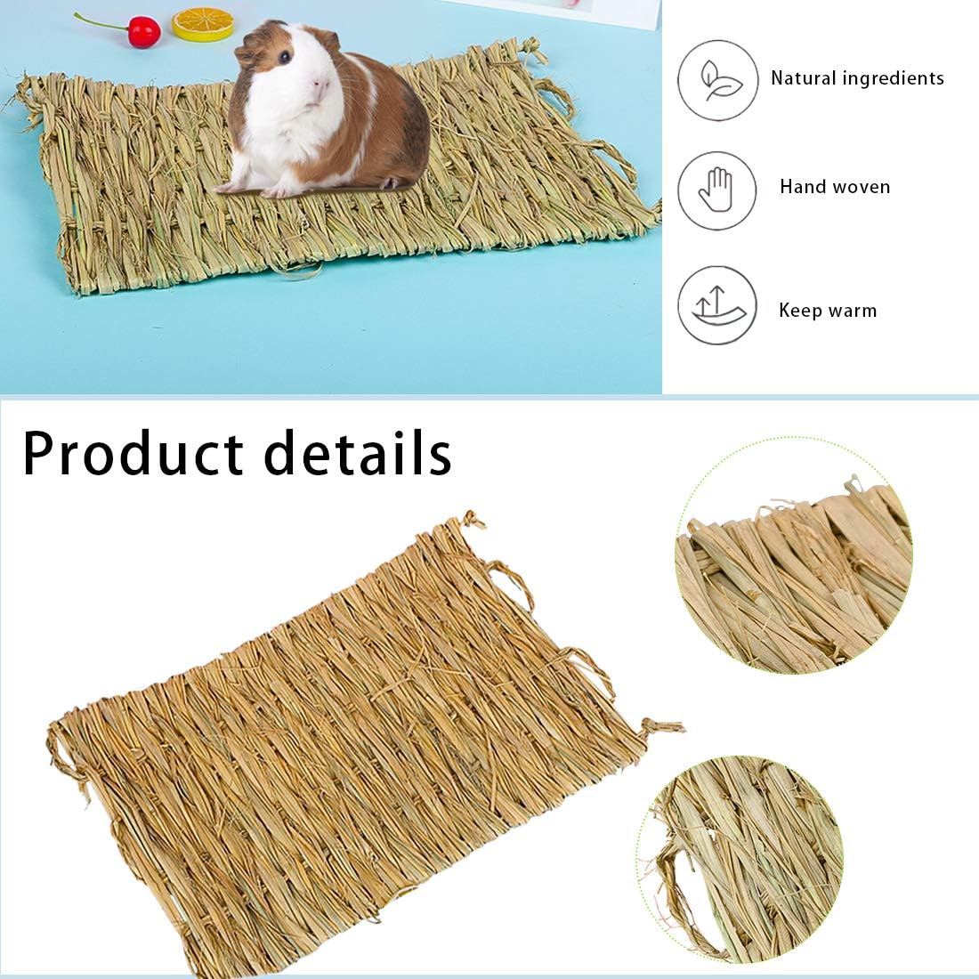 PINVNBY Natural Grass Mat for Rabbits,2 Pack Rabbit Hay Mats,100% Handwoven Hay Chewable Bedding & Cooling Mat for Bunny Guinea Pigs Hamsters Chinchillas - Eco-Friendly Cage Liner,Nesting Toy
