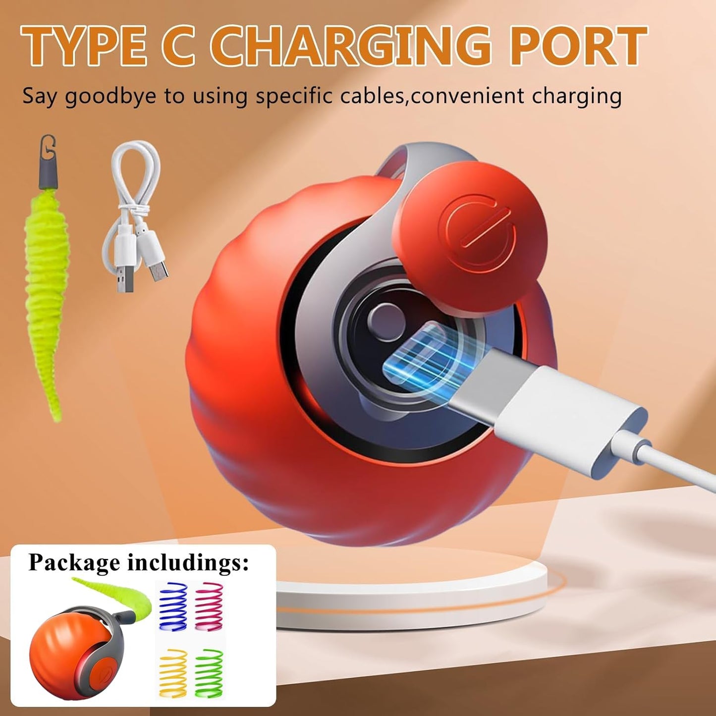 5pcs Interactive Cat Toy Automatic Moving Smart Toy Ball with Replacement Tail for Indoor Bored Cats/Dogs, Sensor Teasing Ball Self-Rolling Pet Chase, Speedy Cat Toys for Pets Exercise (Orange)