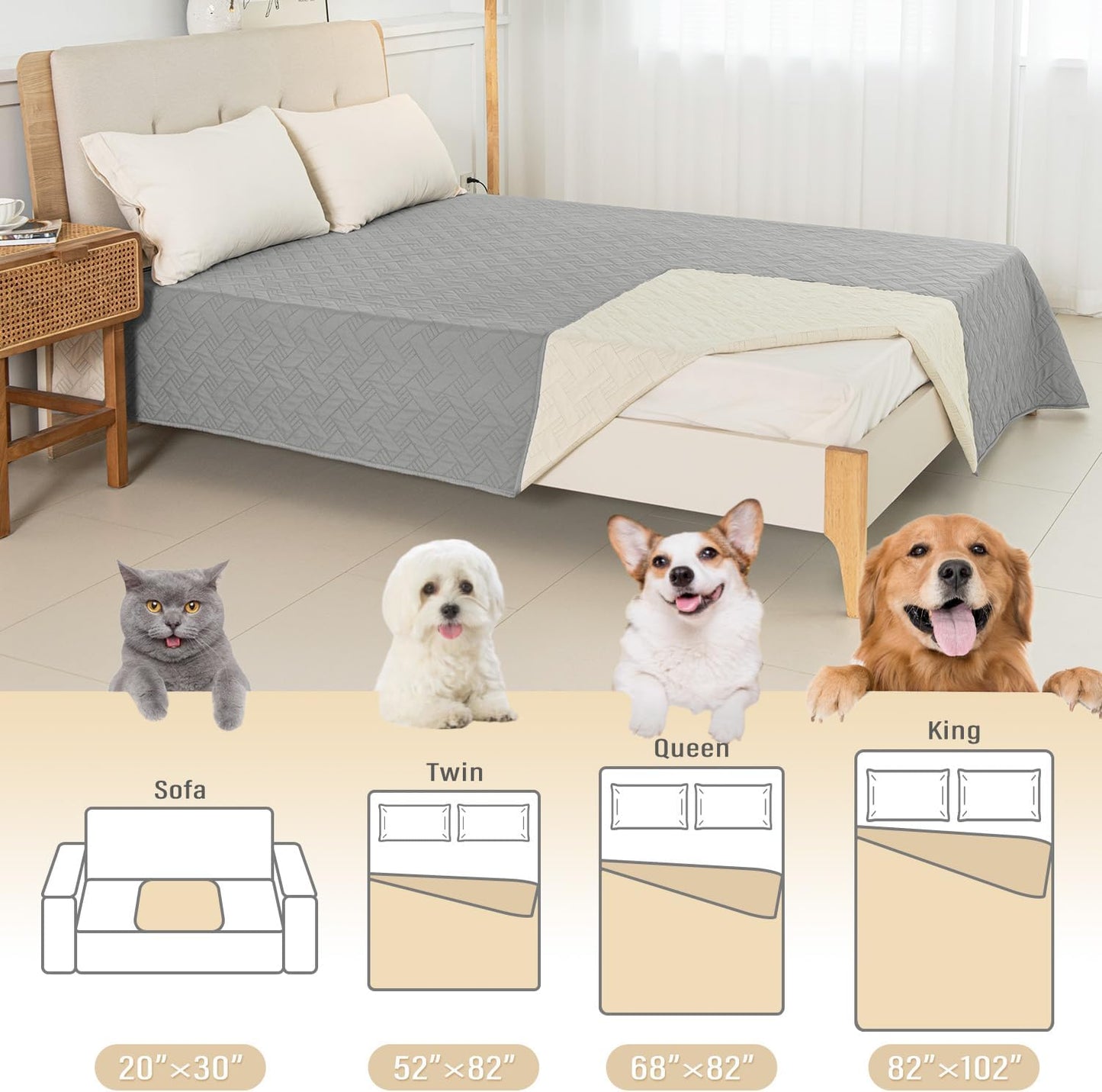 Dog Bed Cover for Pets Blankets Rug Pads for Couch Protection Waterproof Bed Covers Dog Blanket Furniture Protector Reusable Changing Pad (Light Grey+Ivory, 82"x82")