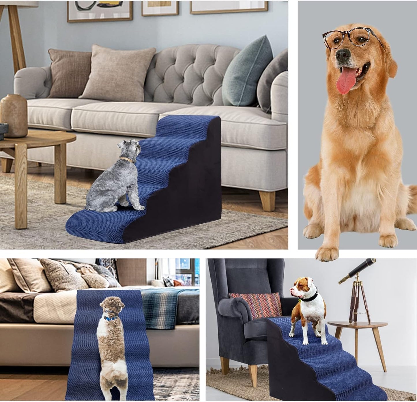 Dog Stairs&Steps for High Beds Up to 28'', 5-Step Dog Ramp for Small Medium Dogs with Washable Cover, Pet Steps for Cats to Get on Couch and Sofa, Durable Foam Ladders, 24.4" Tall, Blue