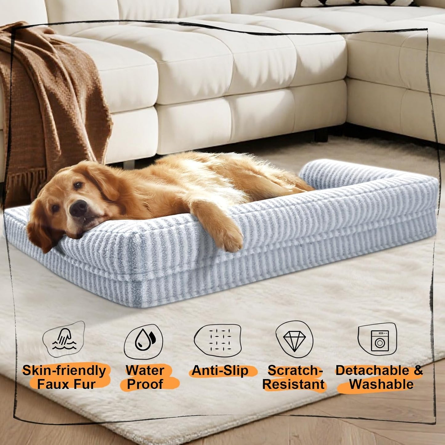 Large Dog Bed Waterproof Orthopedic Foam Dog Beds for Large Dogs Sofa Comfy Pet Bed with Washable Removable Cover & Non-Slip Bottom