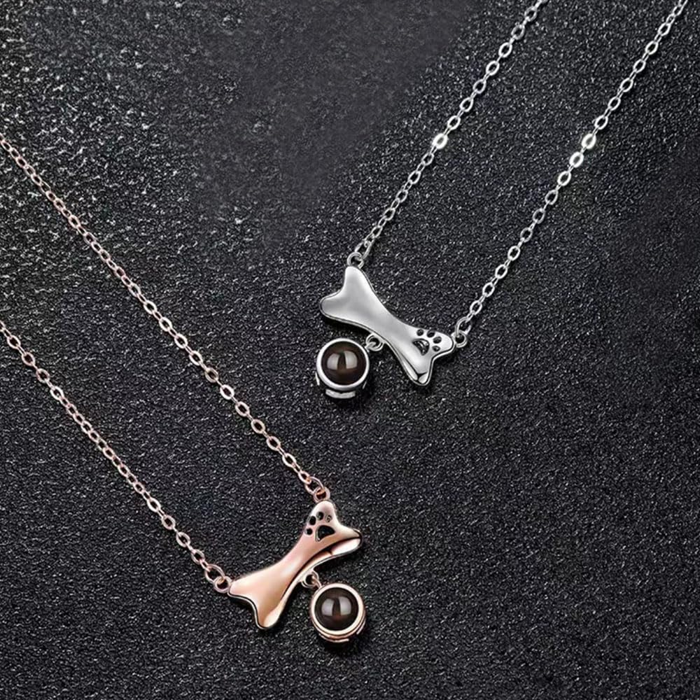 Personalized Photo Necklace Custom Photo Projection Necklaces Dog Bone with Paw Print Pendant Necklace with Picture Inside Pet Dog Cat Memorial Necklace for Pet Lover Women Men