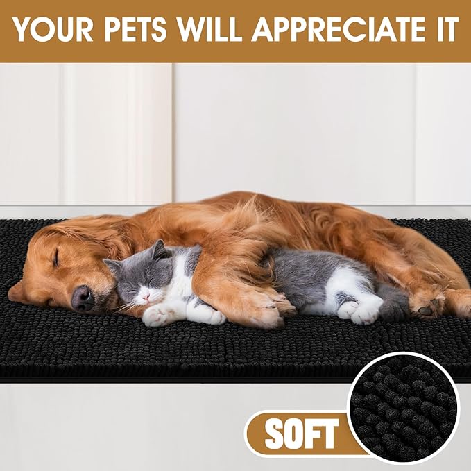 Extra Large Dog Door Mats for Muddy Paws, Chenille Absorbent Dog Mats, Non Slip Heavy Mud Mat for Dogs, Soft Pet Mat for Entryway, Mud Paws, Inside Floor,71" x 25", Black