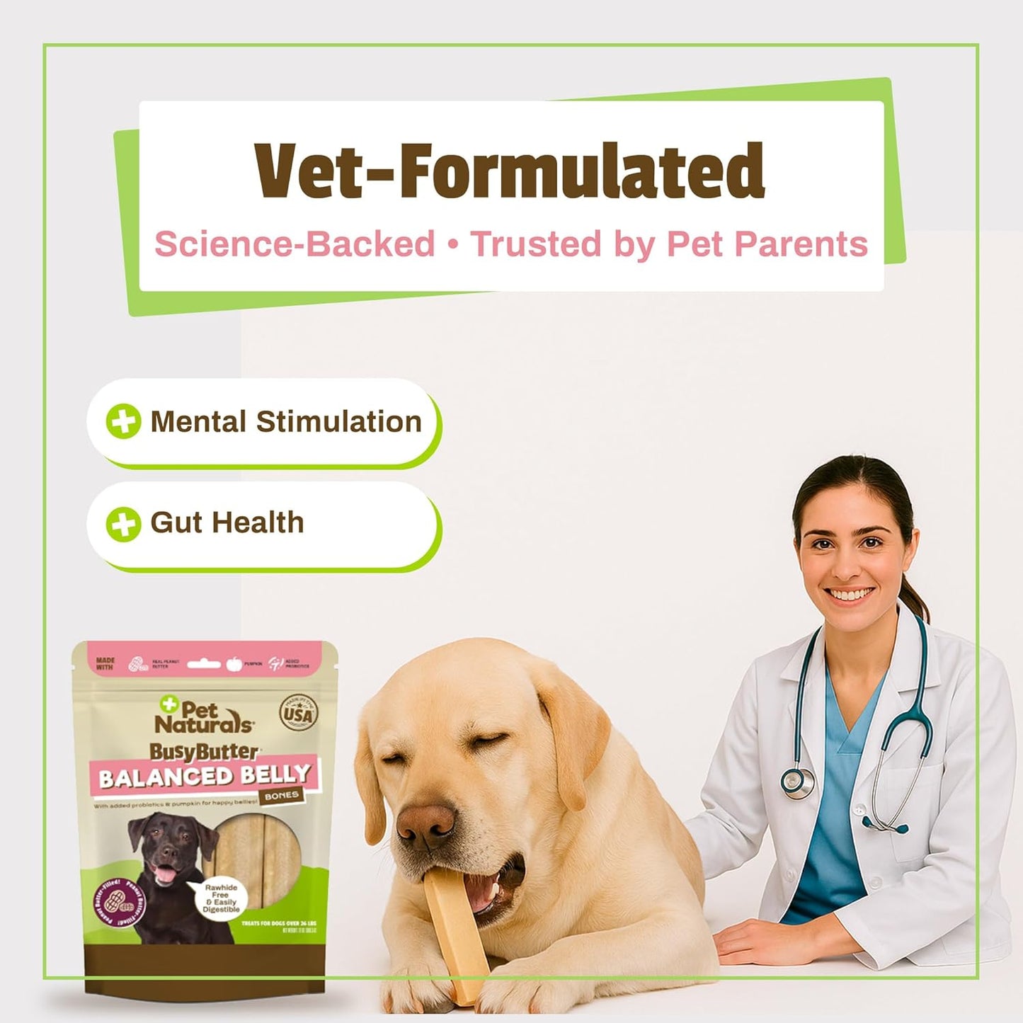 Pet Naturals BusyButter Balanced Belly Peanut Butter Bones, Rawhide-Free Chews for Medium/Large Dogs, Long Lasting Chew Bones, Probiotics & Pumpkin for Gut Health, 4 Count