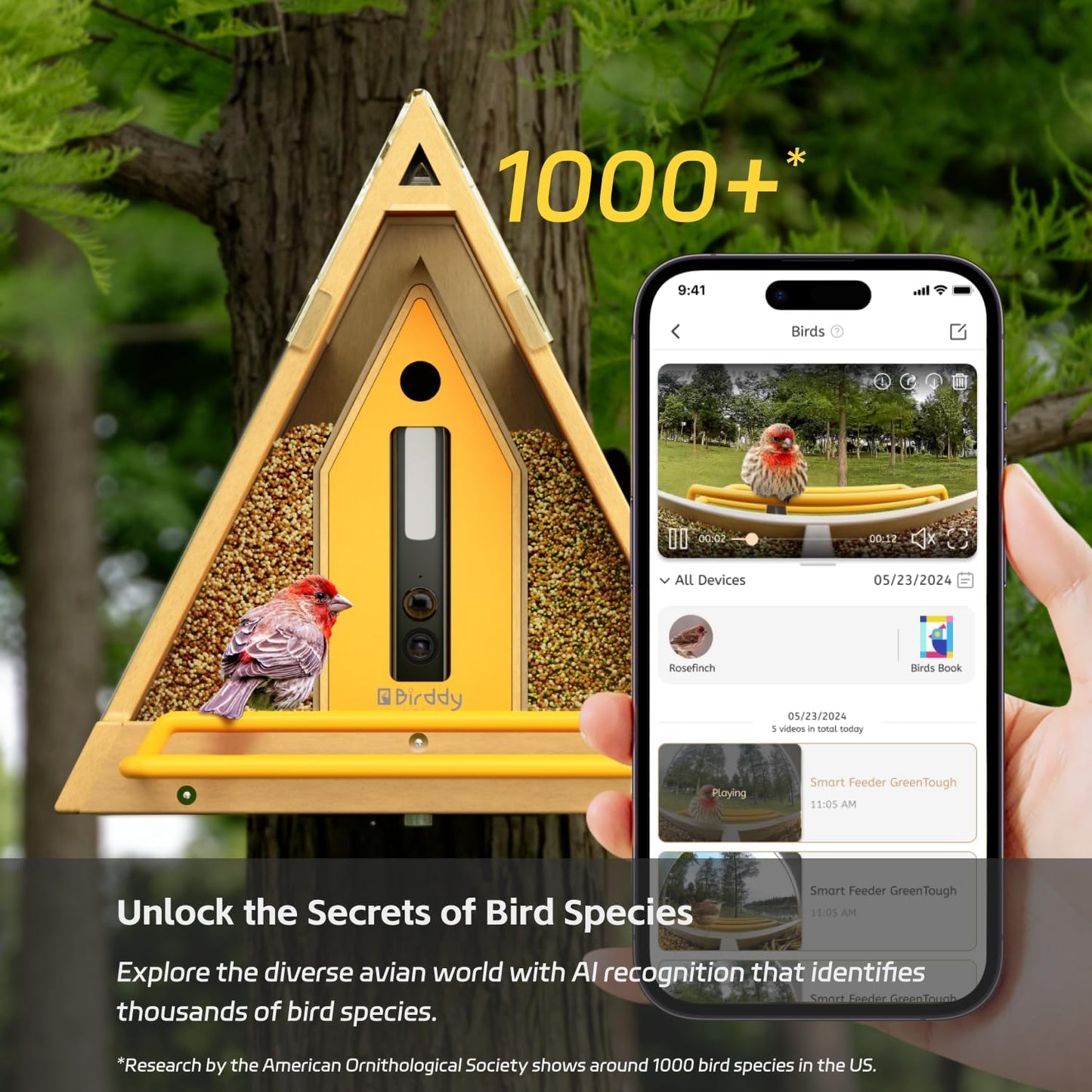 RELI Birddy Original Smart Bird Feeder with Camera Solar Powered, Durable Material GreenTough Feeder with Birds Watching Camera, AI Identify, Live View, Instant Notify, Ideal Gift for Bird Lovers