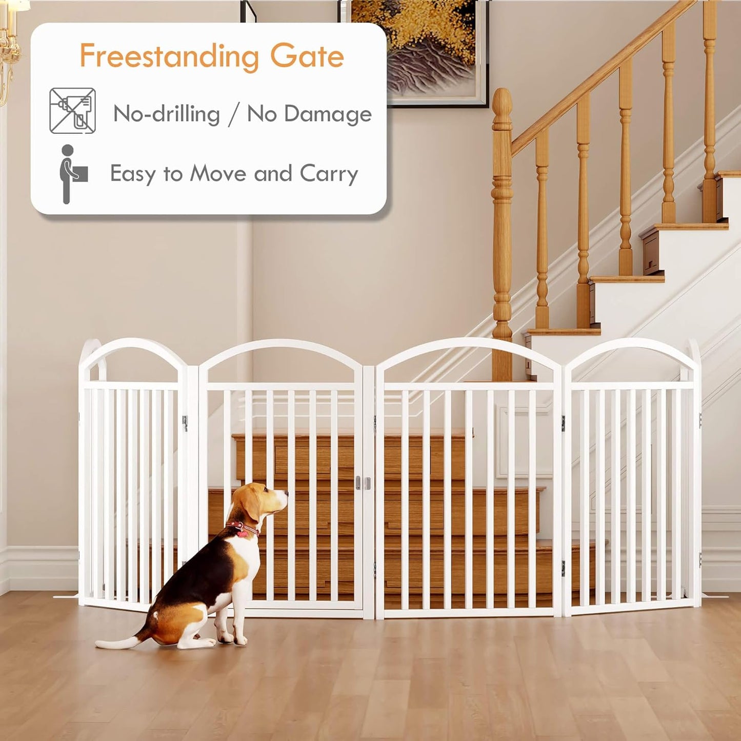 UDD Dog Gate Indoor 144" Extra Wide, 32" Tall Foldable Pet Gate with Door for Stairs Doorways Hallways Porch, Freestanding No Drilling Metal Pet Fence for Dogs Puppy, White 6-Panel
