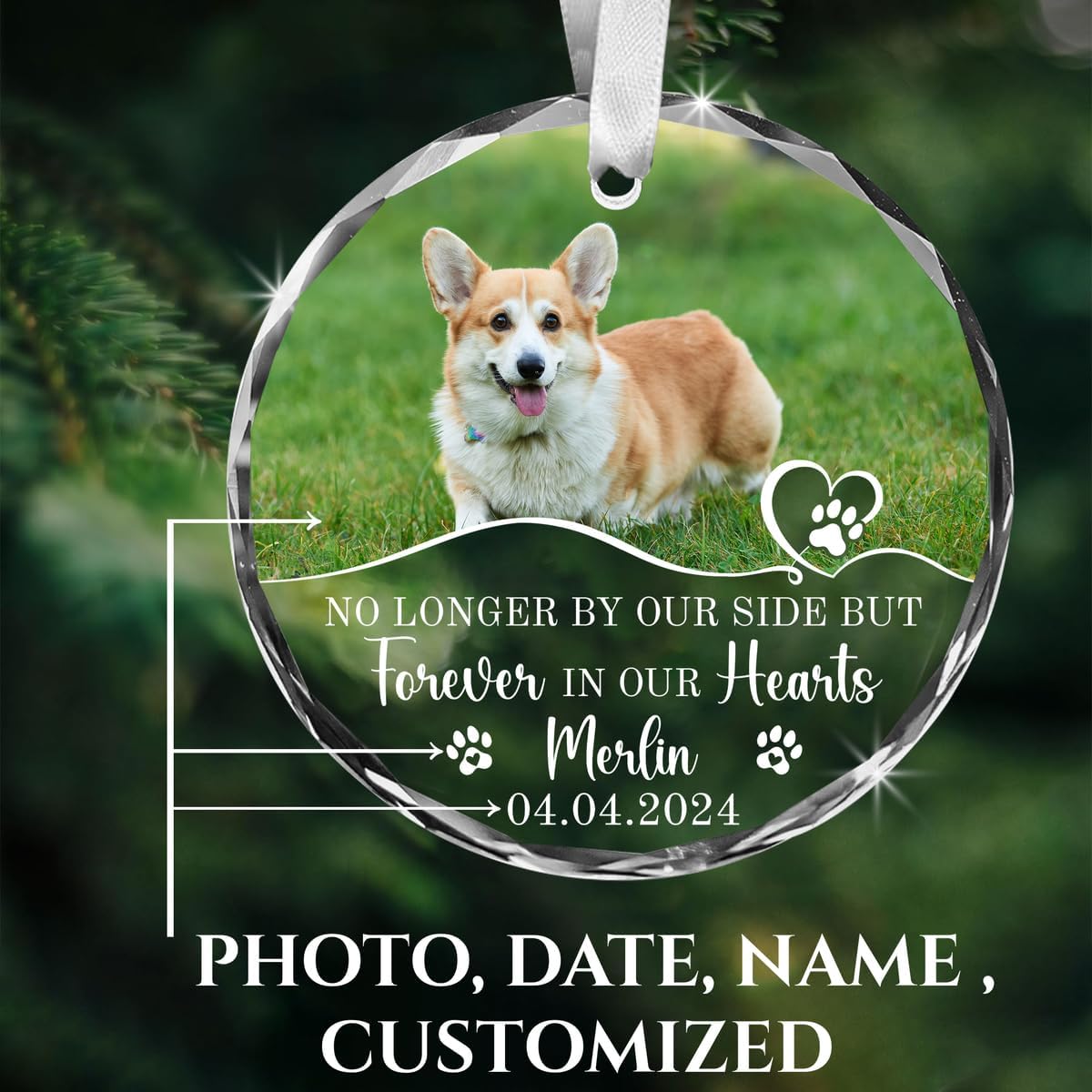 Personalized Wings Memorial Dog Christmas Ornaments - Forever in Our Hearts Acrylic Ornament for Your Loss Pet - Custom Photo, Name, Years (Glass Memorial Dog)