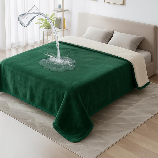 Love Green Waterproof Bed Blanket, Queen Size 80'' x 80'' Double Side Leakproof Reversible Sherpa Flannel Fleece 3 Layer Lightweight Blanket, Absorbs 70oz