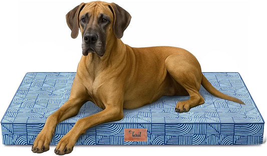 Outdoor Extra Large Dog Bed, Jumbo Waterproof Dog Bed for Large Size Dogs, Orthopedic Egg Foam Pet Bed Mat with Removable Oxford Cooling Cover, White Blue