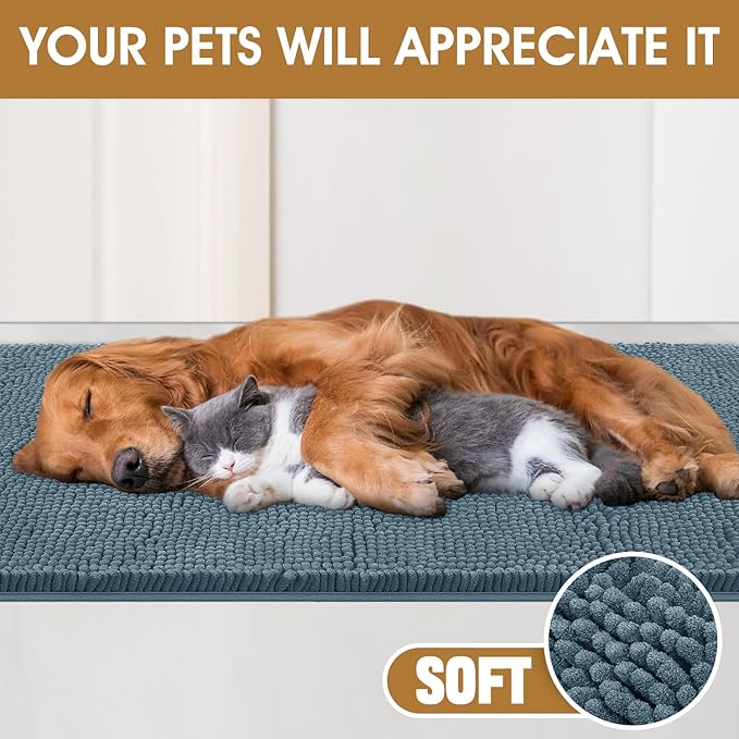 Dog Door Mats for Muddy Paws, Chenille Absorbent Door Mats, Non Slip Heavy Mud Mat for Dogs, Soft Indoor Door Mat for Entryway, Mud Paws, Inside Floor,36" X 24", Dusty Blue