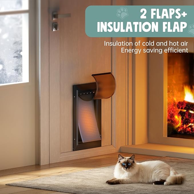 All Aluminum Cat Door Interior Door Black 3 Flaps, For Exterior door Small Cat Dog Doggy Doggie Door, Heavy Duty Pet Door, Insulation Flap, Telescoping Tunnel, Sliding Closing Panel (Pets Up to 22lbs)