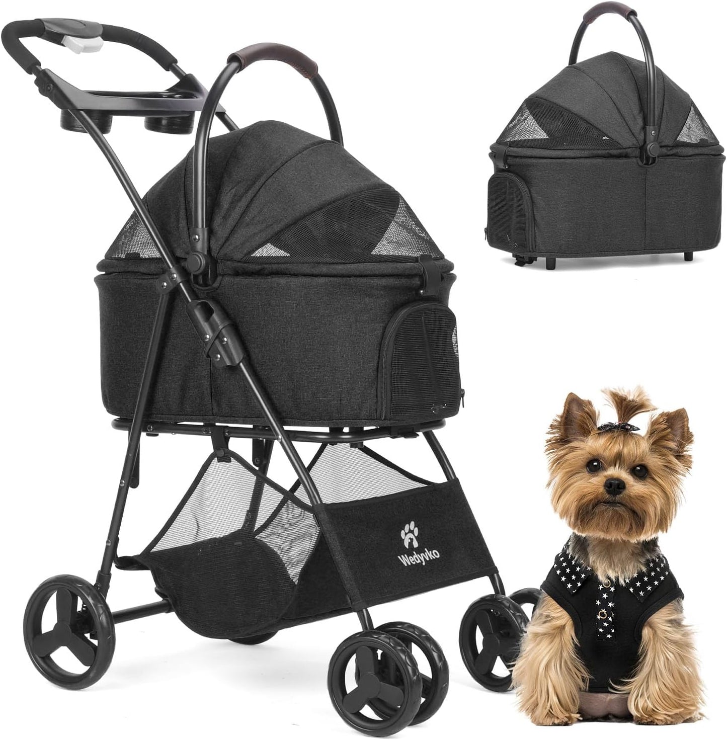 Pet Stroller, 4 Wheels Pet Strolling Cart for Medium/Small Dogs and Cats, Foldable Cat Jogger/Dog Stroller with Cup Holder, Storage Basket, Breathable Mesh, All-Season Pet Carrier (Black)