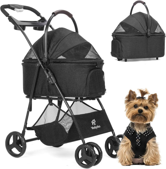 Pet Stroller, 4 Wheels Pet Strolling Cart for Medium/Small Dogs and Cats, Foldable Cat Jogger/Dog Stroller with Cup Holder, Storage Basket, Breathable Mesh, All-Season Pet Carrier (Black)