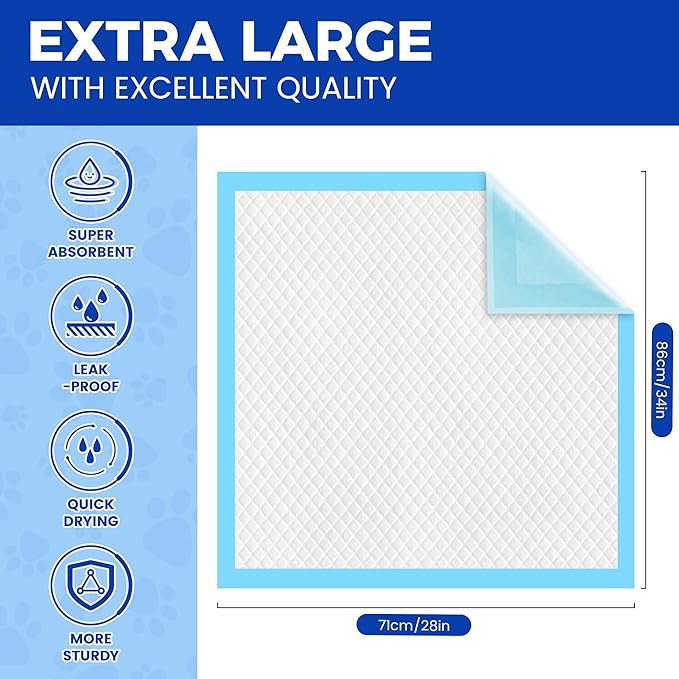 Dog Pee Pads Extra Large 28"x34" - 100 Pack Super Absorbent XLarge Puppy Pads 100 Count Leak-Proof Disposable XL Pet Potty Training Pads for Dogs, Puppies, Doggy