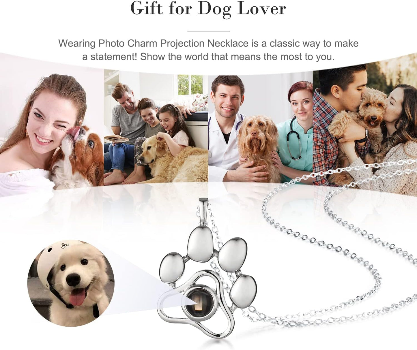 OPALSTOCK Personalized Pet Photo Necklace, Custom Photo Charm Projection Necklace Dog Cat Paw Pendant Pet Memorial Jewelry