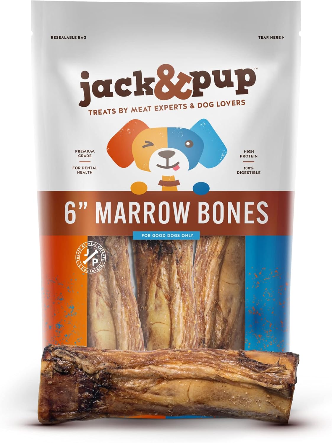 Jack&Pup Marrow Bones for Dogs, Long Lasting Dog Bones for Large Dogs, 6" Marrow Bone, Natural Beef Bone (3 Pack)