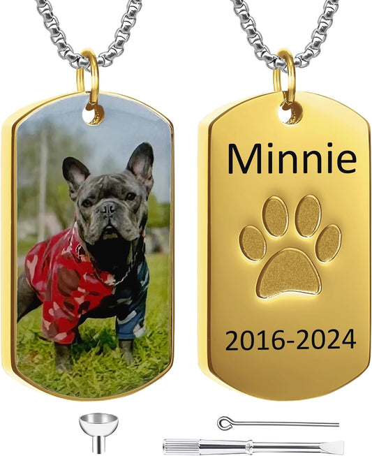 Funnylife Personalized Pet Urn Necklaces for Dog Cat Ashes Custom Photo Text Stainless Steel Cremation Jewelry Pet Loss Memorial Gift