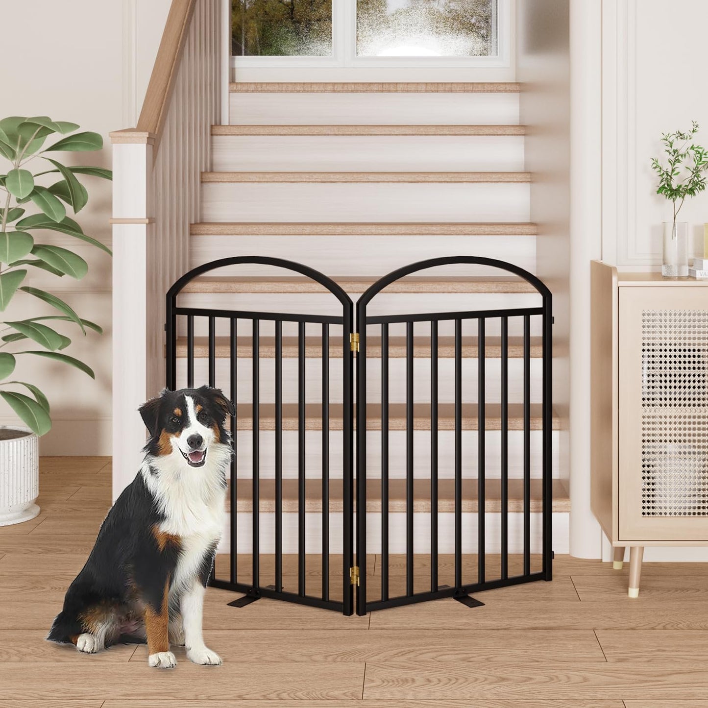 2 Panles Full Matel Freestanding Dog Gates with Door, 48"Extra Wide 32"Tall Free Standing Dog Pet Gate for Indoor & Outdoor. Foldable Pet Fences for Doorways, House, Stairs, Porch, Deck, Yard