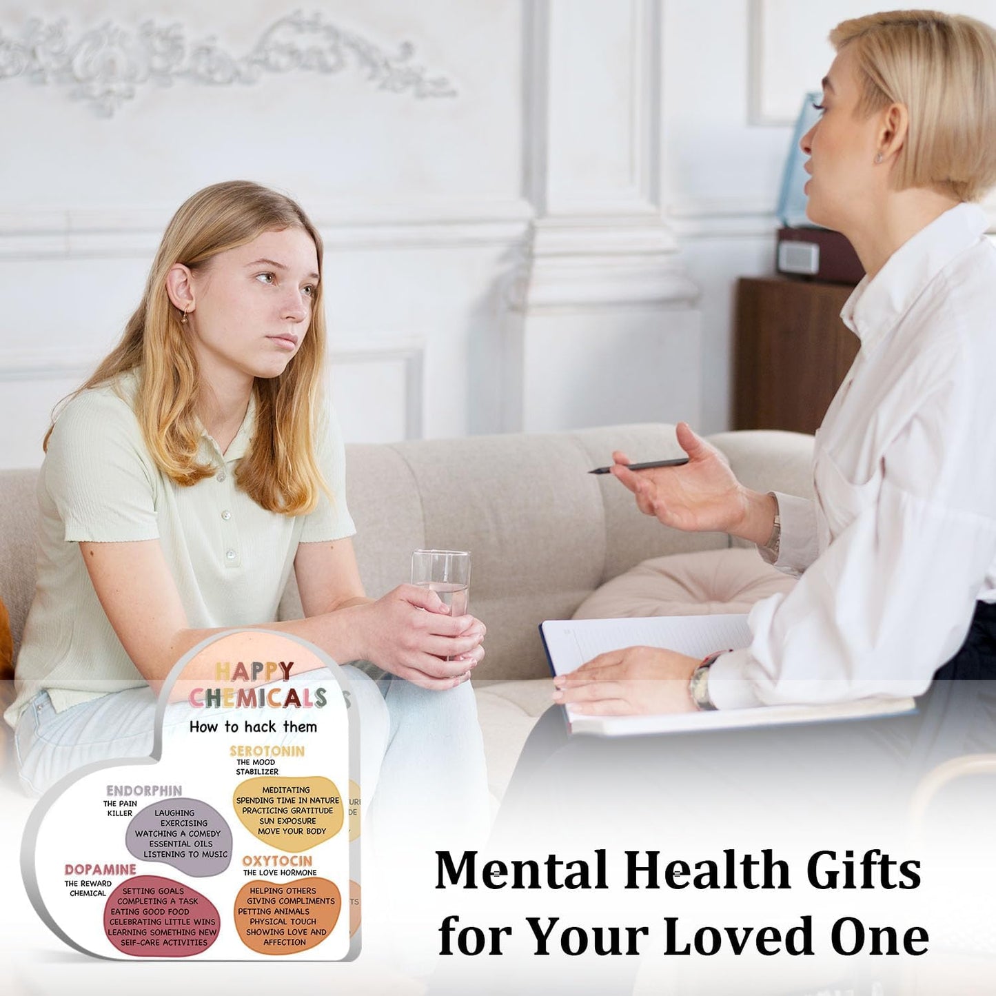 Mental Health Gifts, Therapist Office Desk Plaque, Book Center Classroom Playroom Calming Corner Decorations, Psychology Gifts for Counselor, Happy Chemicals Sign Plaque