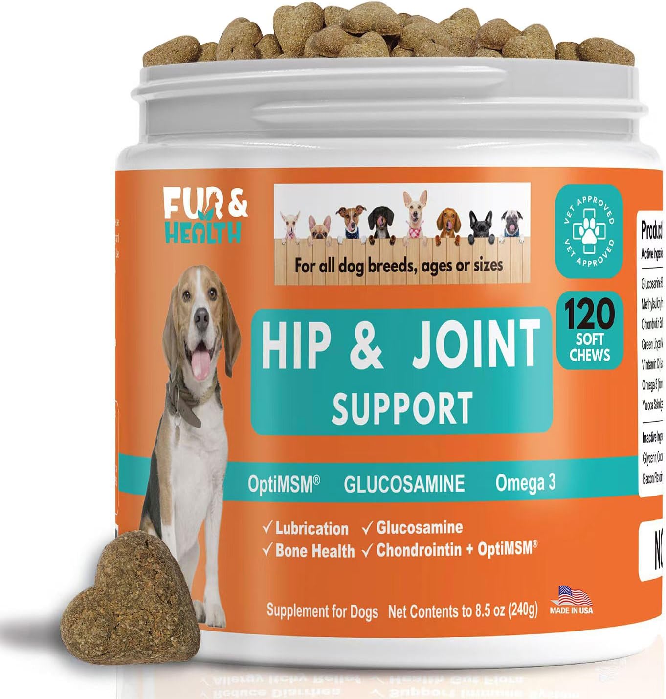 Glucosamine Chondroitin Hip & Joint Supplement for Dogs - Natural Pain Relief & Mobility Support Soft Chews - Vet-Recommended Formula for Senior, Small & Large Breeds - Made in USA by Fur & Health