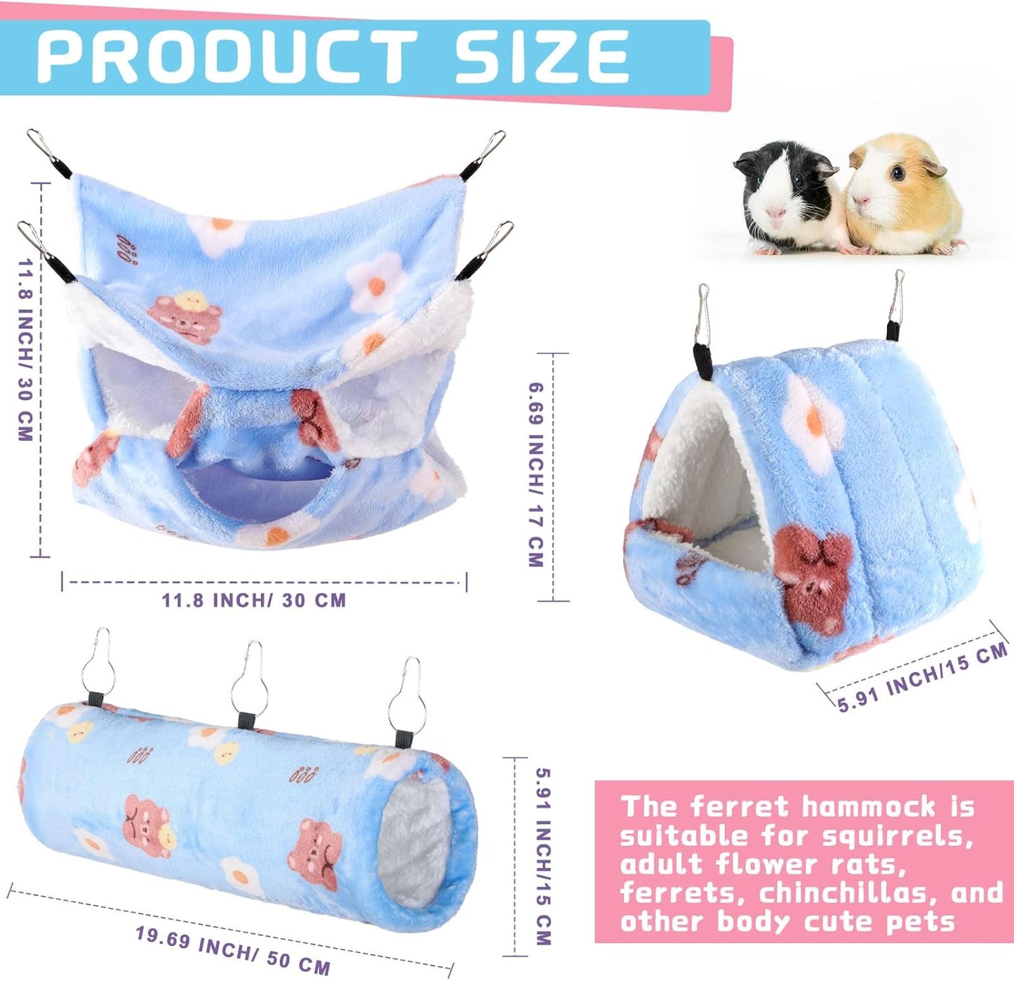 Abbylike 9 Pieces Rat Hammock 3 Tier Guinea Pig Ferret Hammocks Small Pet Hanging Tunnel Glider Toy Guinea Pig Ferret Hideout Bed Cage Accessories for Hamster(Yellow, Grey, Blue,Bear)