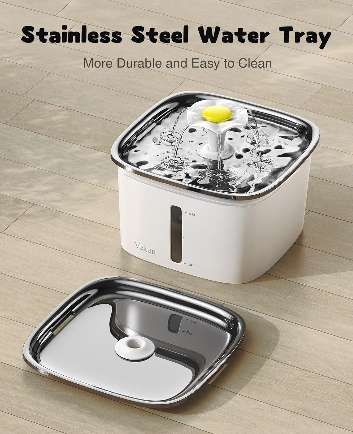 Veken Innovation Award Winner 95oz/2.8L Cat Water Fountain with Stainless Steel Lid, Automatic Pet Fountain Dog Water Dispenser with Replacement Filters for Cats, Dogs (Silver, Stainless Steel)