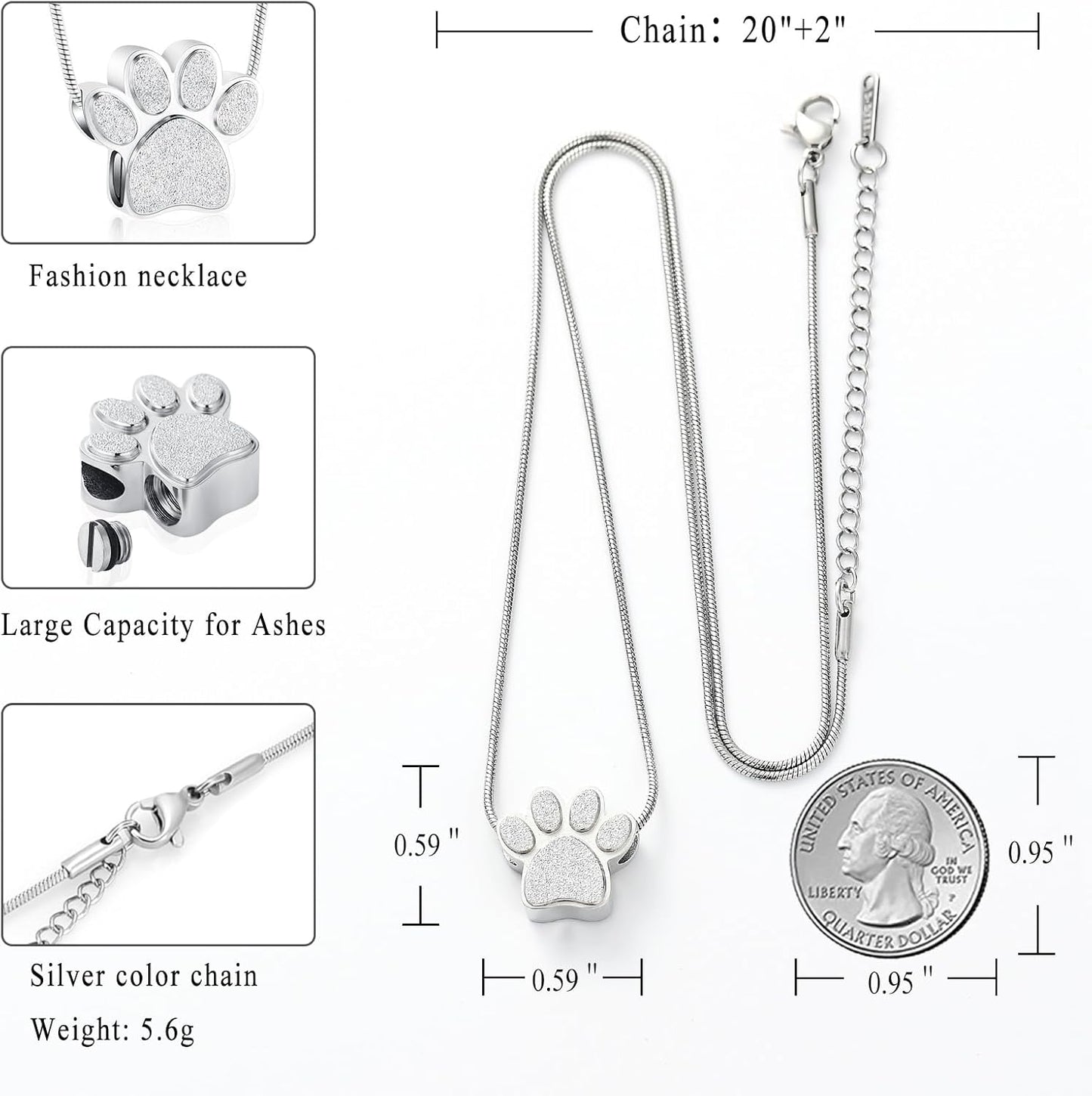 Pet Urns For Dogs/Cats - Pet Ashes Necklace - Paw Print Urn Necklace with Mini Keepsake Urn Memorial Ash Jewelry