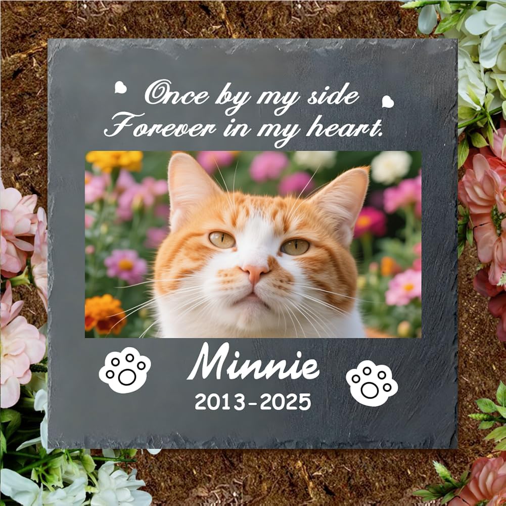 Custom Pet Memorial Stone - Personalized Cat Grave Marker with Name & Photo - Sympathy Gifts for Loss of Beloved Pet - Cemetery Decor - Rainbow Bridge Memorial for Cats (Style G)