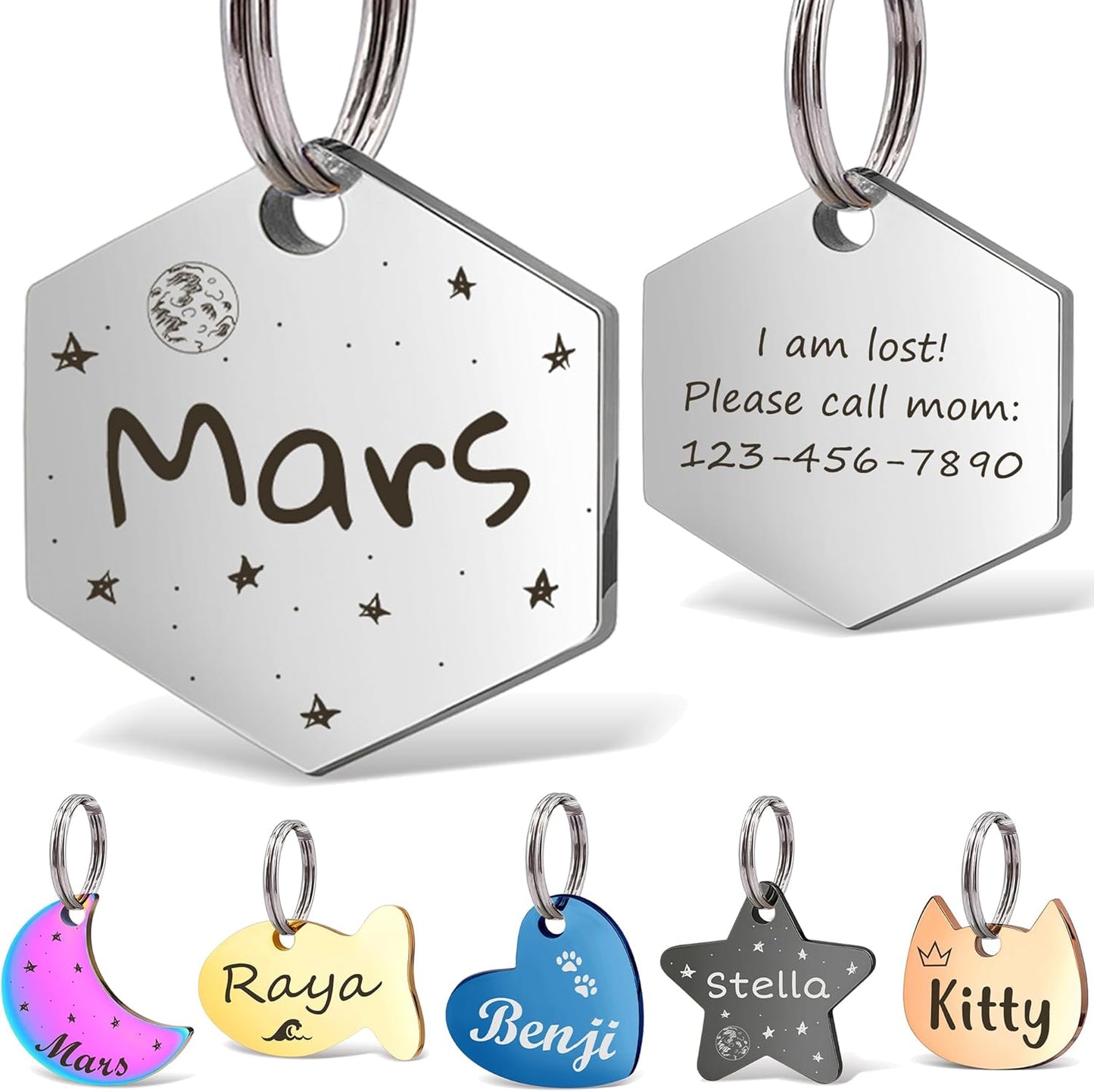 Anavia Small Size Dog Cat ID Tags, Small/XS Personalized Color Plated Stainless Steel Puppy Kitten Name Tags, Customized Engraved Nameplate Pet Collar Tag (Silver, Hexagon)