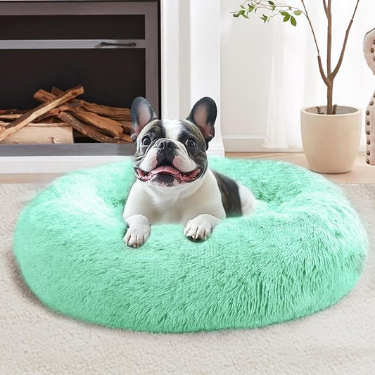JOLLYVOGUE Calming Dog & Cat Bed for Small Dogs, Anti-Anxiety Donut Cuddler Cozy Soft Round Bed with Anti-Slip Bottom, Fluffy Faux Fur Plush Cushion Beds for Small Medium Pets (20")