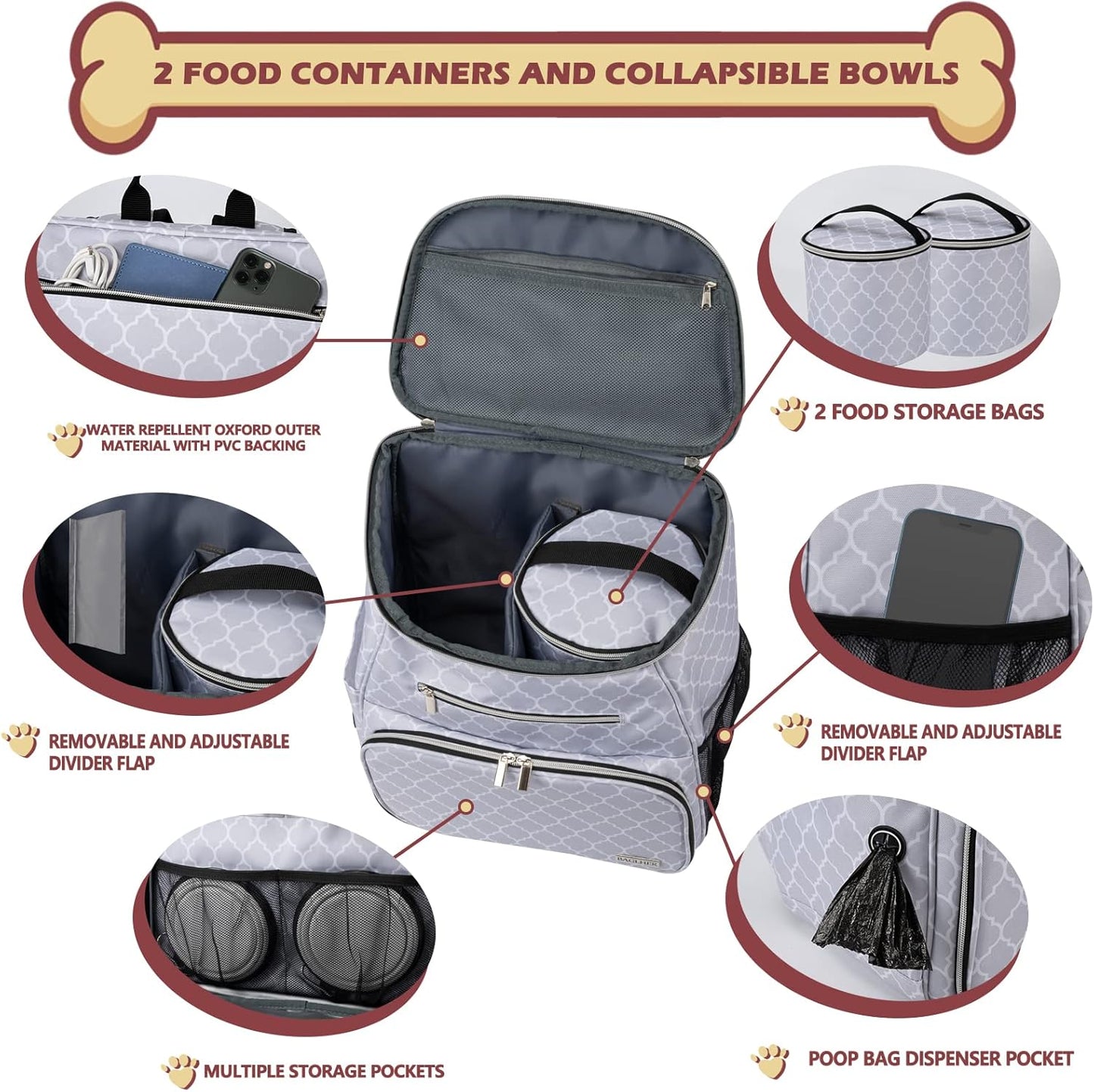 BAGLHER Dog Travel Bag Backpack, Airline Approved Pet Supplies Backpack, Dog Travel Backpack with 2 Silicone Collapsible Bowls and 2 Food Baskets DLWhite