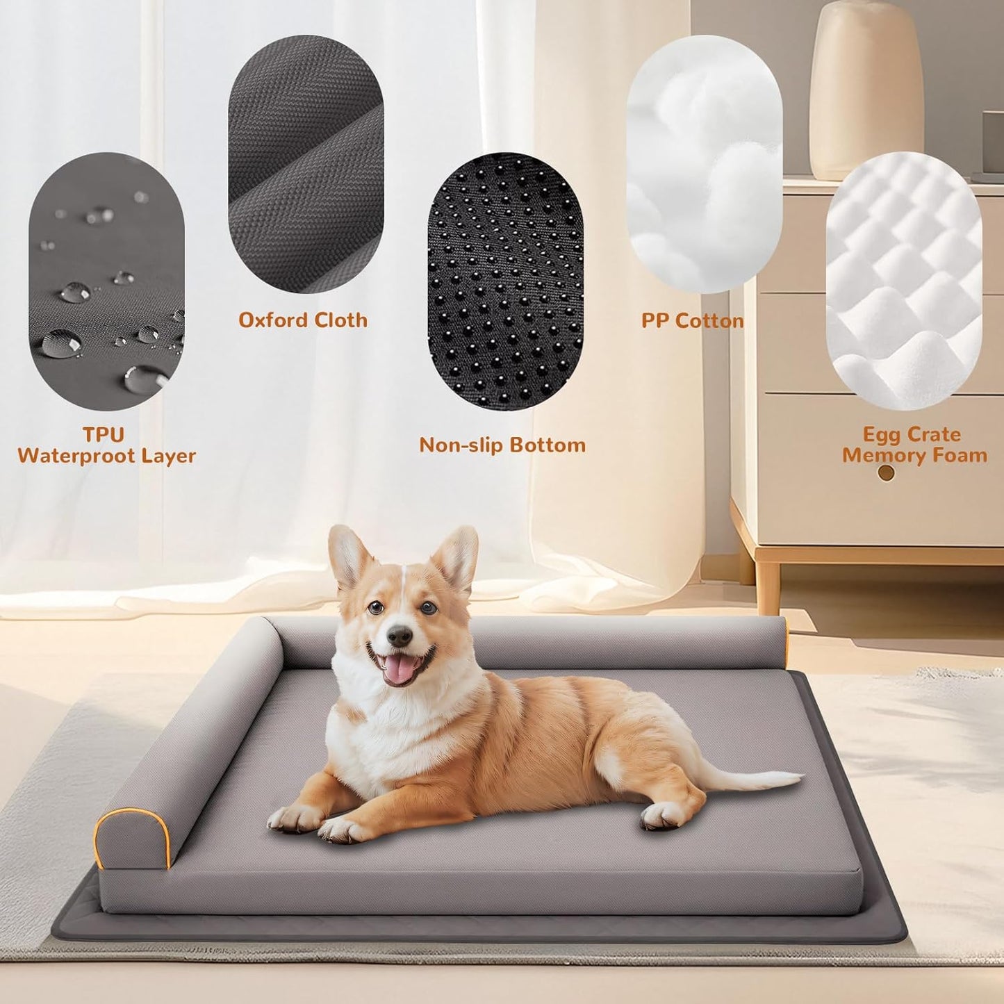 Chew-Proof Dog Bed Medium Size Dog Orthopedic Waterproof Pet Bed Memory Foam with Anti-Slip Mat Washable Dog Couch (Grey)