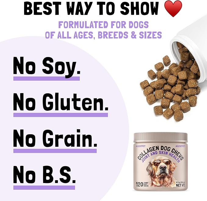 Collagen Dog Chews for Joint & Skin Health 120 Soft Chews All Breeds Mobility, Cartilage Repair & Pain Relief Hip & Joint Skin Coat Anti-inflammatory Support Eggshell Membrane Senior & Adult Dogs