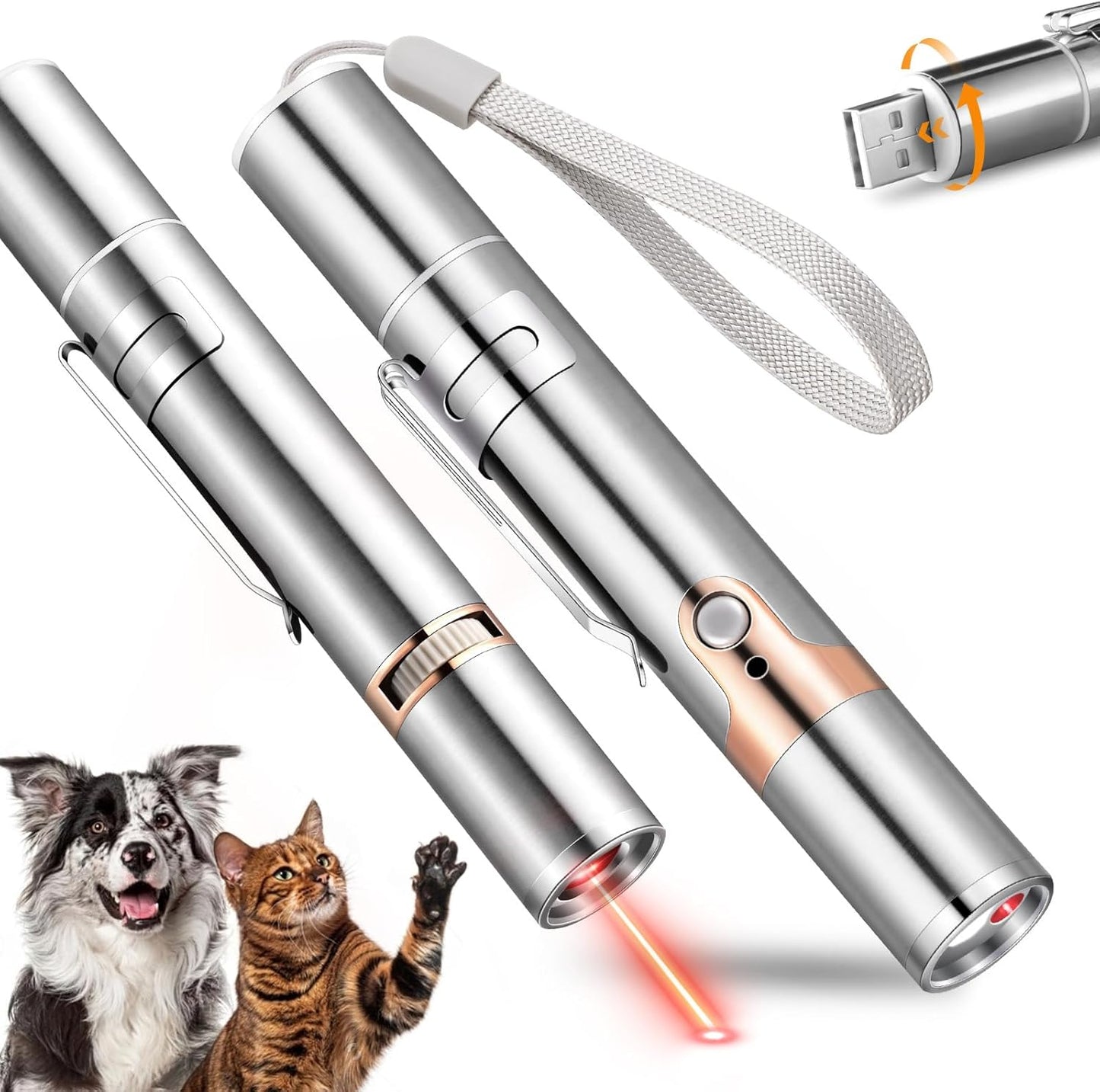 Cat Toy Pointer for Indoor 2 Pack, USB Rechargeable Cat Toy, 3 Light Colors Cat Interactive Toys for Dogs, Cats, Pet Chase Toy for Fun Playing Training Exercise Indoors