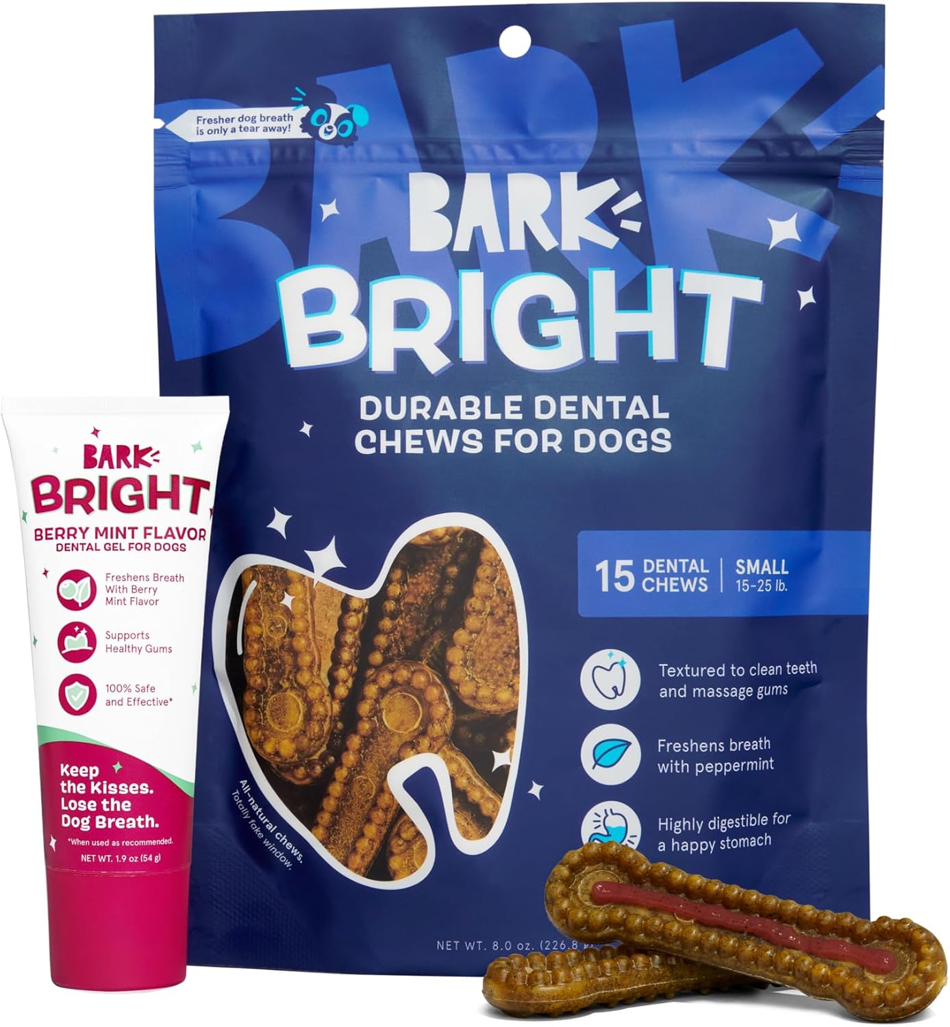Barkbox Bright Durable Dental Kit, Berry Mint Flavored, 15 Chew Sticks & Toothpaste - Small Breeds