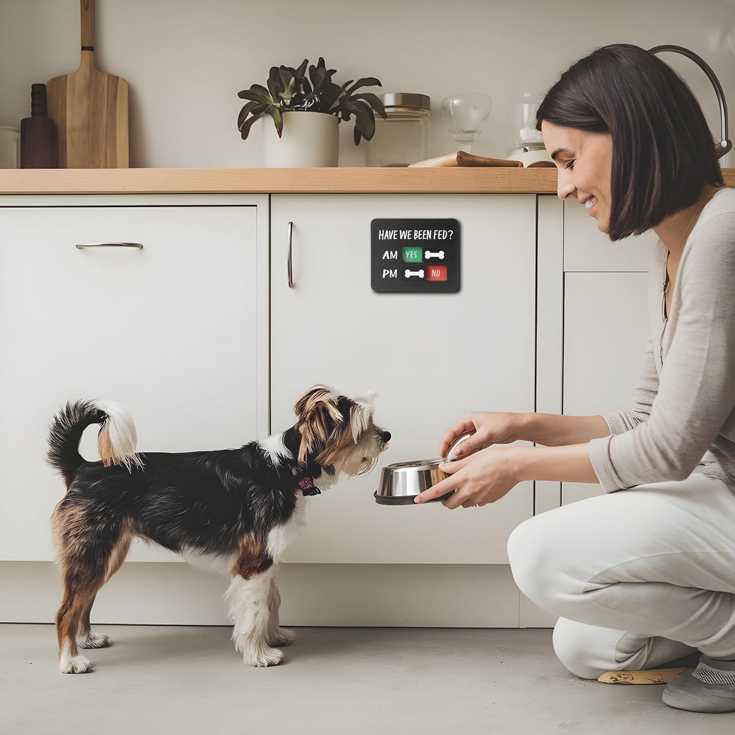 Dog Feeding Reminder Sign with Magnet, Pet Feeding Tracker with Have We Been Fed, Acrylic Slider Sign for Fridge, AM PM Feed Chart Sign with Yes No Option, Black with 2 Stickers, 4.7" x 3.9"