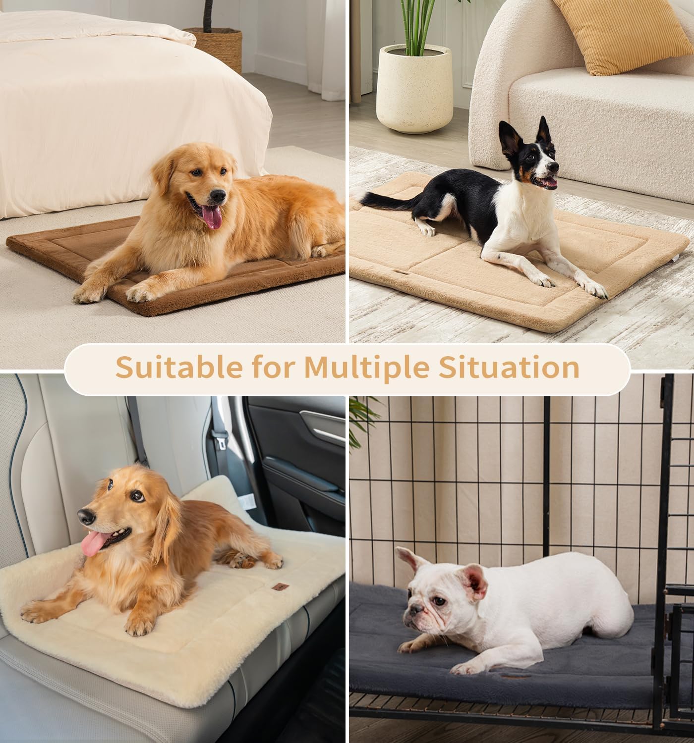 Made4Pets Dog Crate Pad Bed for Large Dogs, Washable & Reversible, Anti-Slip Kennel Mat for Cozy Sleeping, Soft Fluffy Dog Bed for Indoor & Outdoor Use, 36"x27", Khaki