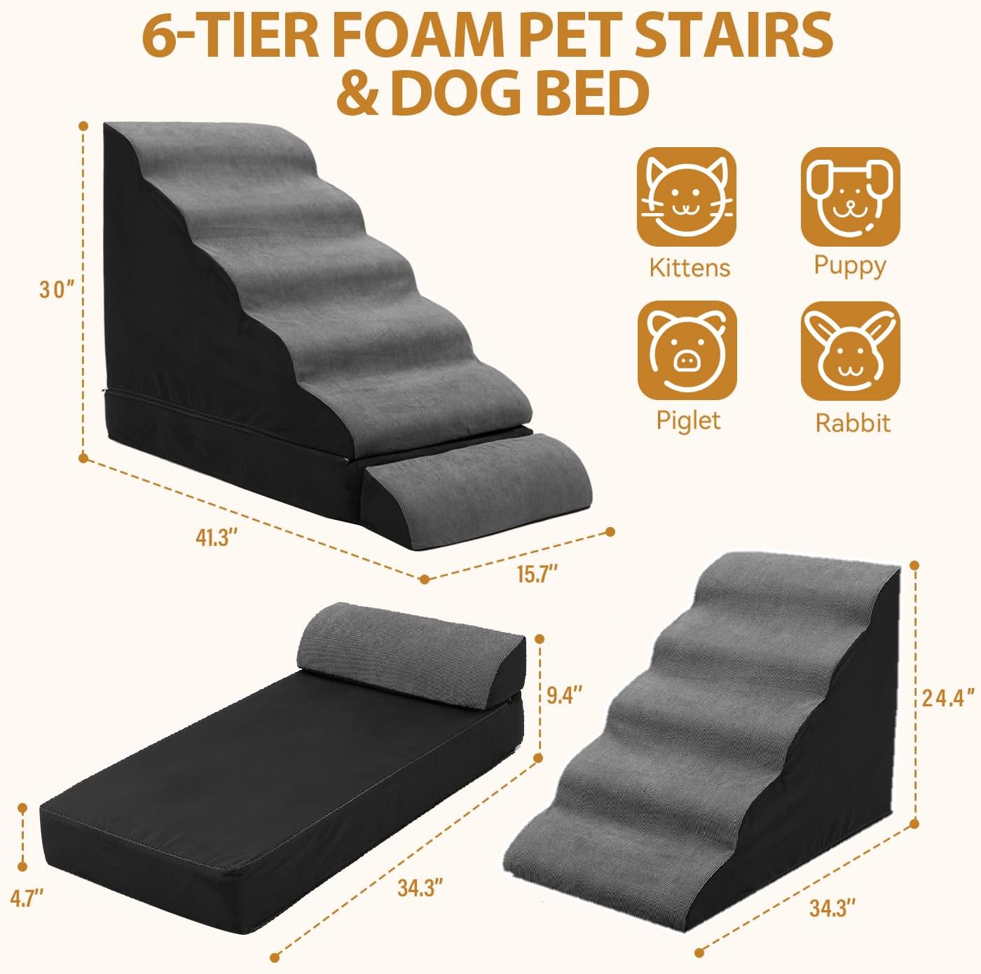 Dog Stairs/Steps for High Beds up to 30-36 inches, A.FATI 6 Step Foam Pet Steps for Small Dogs/Old Pets, 30" H Non-Slip Dog Ramp for Bed, Dark Grey