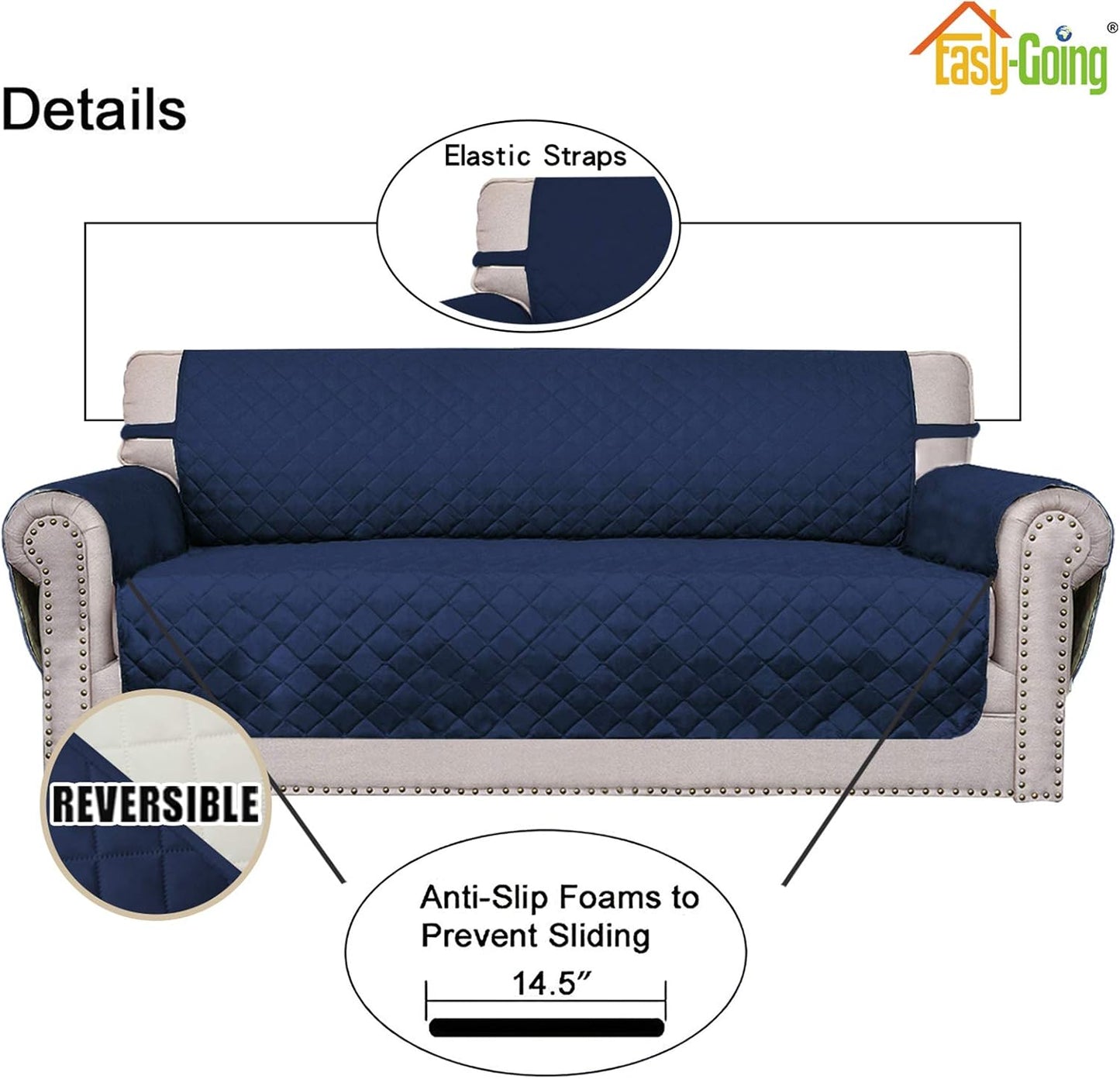 Easy-Going Sofa Slipcover Reversible Loveseat Sofa Cover Couch Cover for 2 Cushion Couch Furniture Protector with Elastic Straps for Pets Kids Dog Cat (Oversized Loveseat, Navy/Ivory)