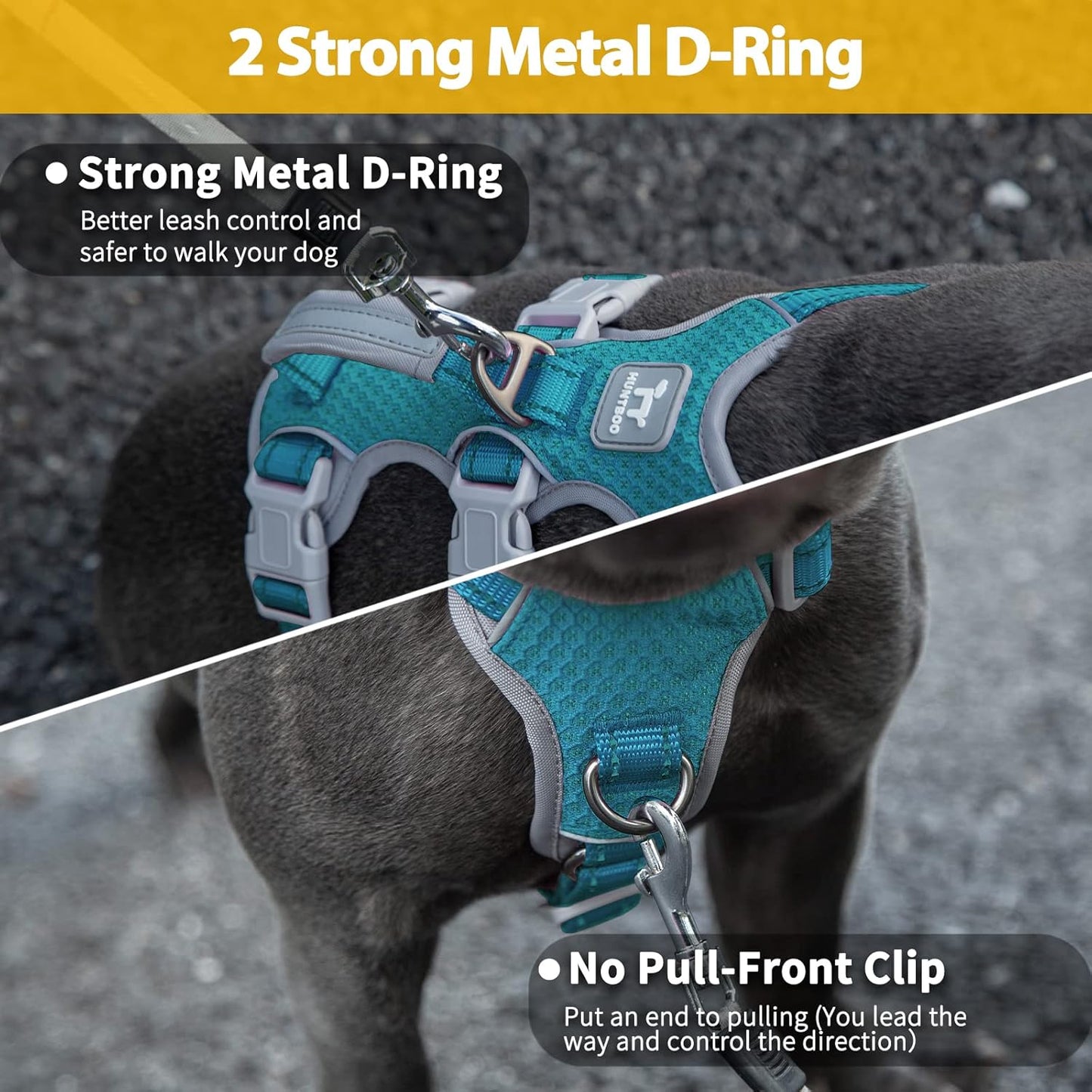 Huntboo Escape Proof Dog Harness, No Pull Reflective Harness with Lift Handle, Adjustable Pet Vest with Front and Back Leash Clips for Small Medium Large Dogs Walking Hiking Training (Teal,XL)