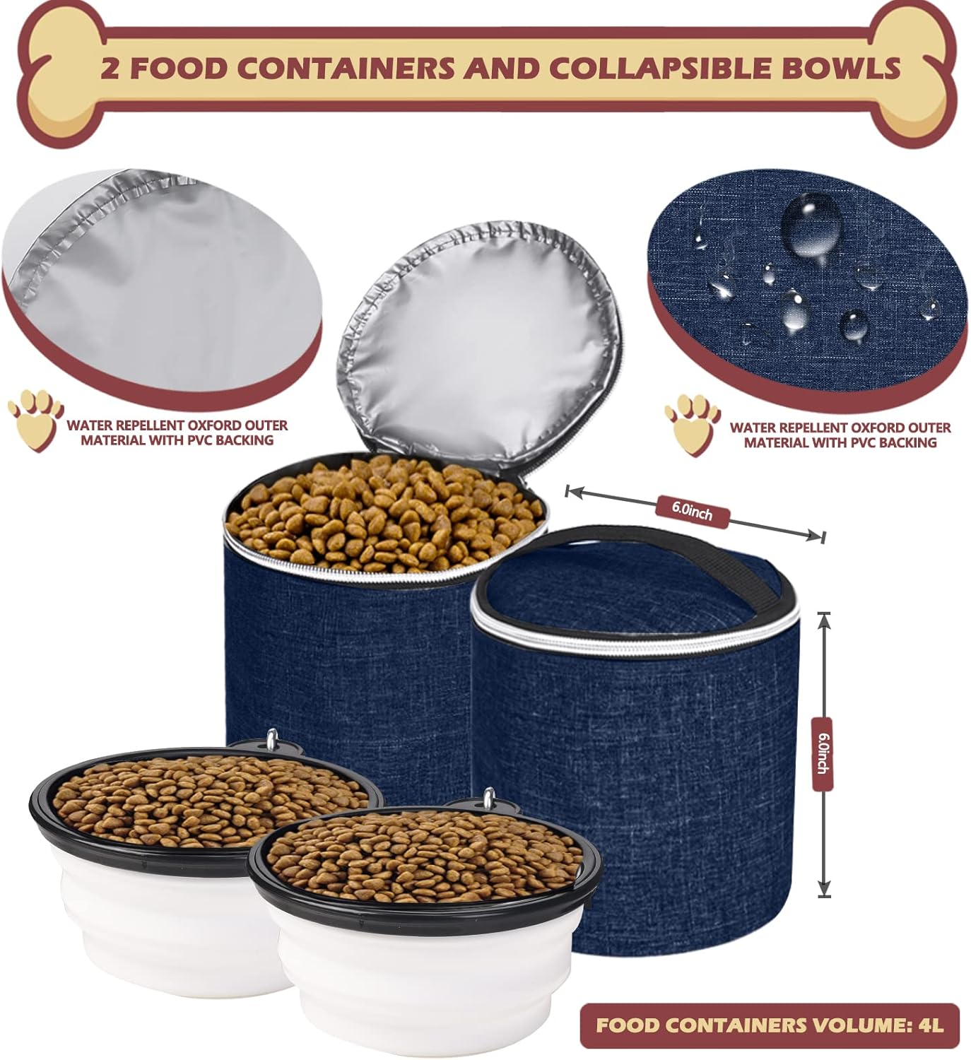 BAGLHER 丨Dog Travel Bag Backpack, Airline Approved Pet Supplies Backpack, Dog Travel Backpack With 2 Silicone Collapsible Bowls and 2 Food Baskets Dark Blue