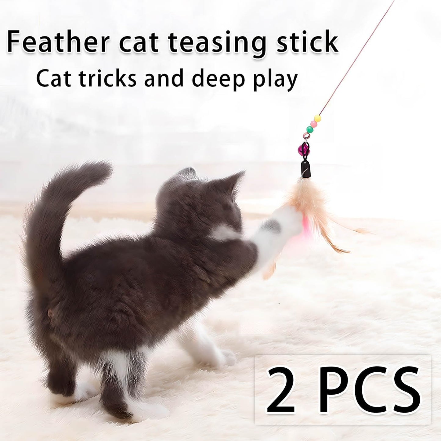 Cat Toys Interactive for Indoor Cats,2 PCS Cat Feather Toys and Wand Toys for Chase Exercise and Teaser Play with Kitten