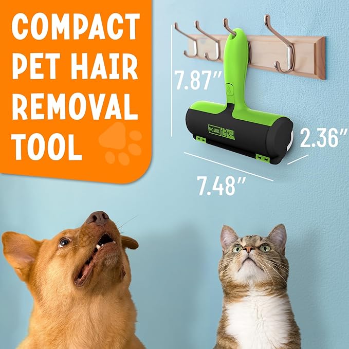 Triton Pet Hair Removal Tool w/Fur Trapping Compartment and Detachable Handle, 60% Smaller Storage Size, Reusable Shedding Roller, Cat and Dog Hair Remover for Car, Furniture, Carpet, Couch (Green)