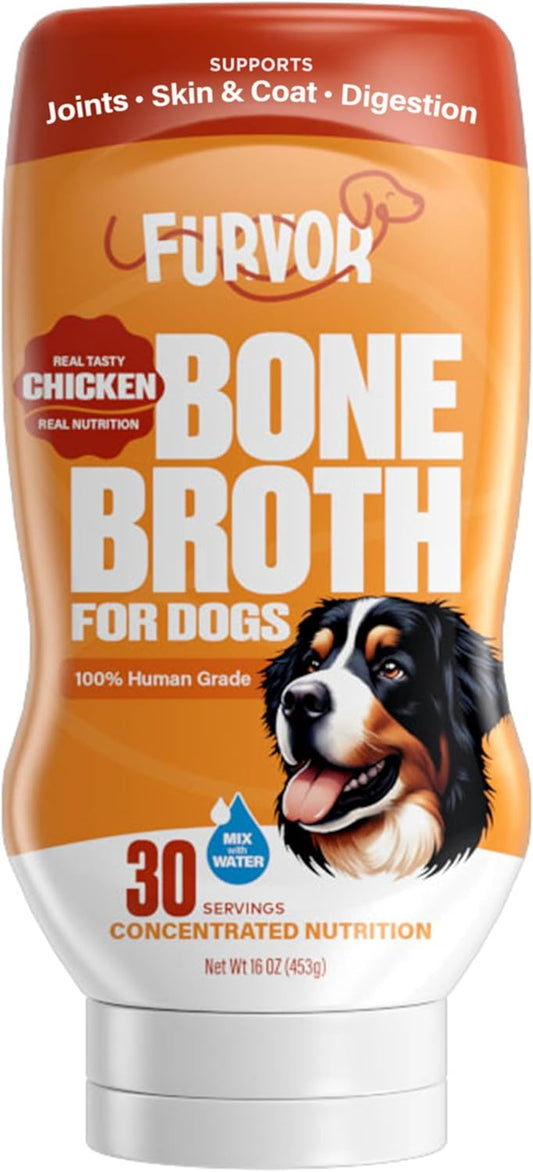 Chicken Bone Broth Concentrate for Dogs - Collagen Protein Supplement for Digestion, Mobility, Coat, Immune System, Joints - Healthy Dog Food Topper - Human Grade, Made in USA (16 oz, 30 Servings)