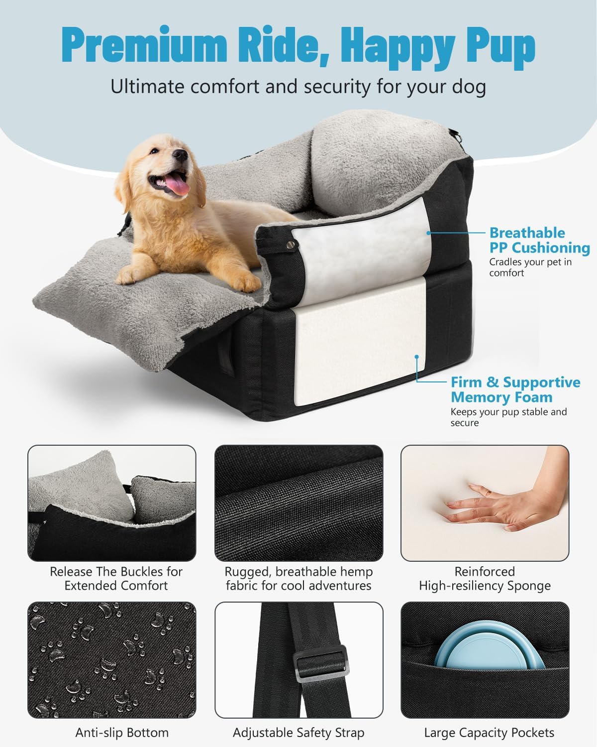 EASTBLUE Dog Car Seat for Small Medium Dogs Up to 35 lbs, Memory Foam Dog Booster Car Seat with Seatbelt, Detachable Washable Pet Carseat for Puppy & Cat, Dogs Travel Bed for Cars (Black/Grey)