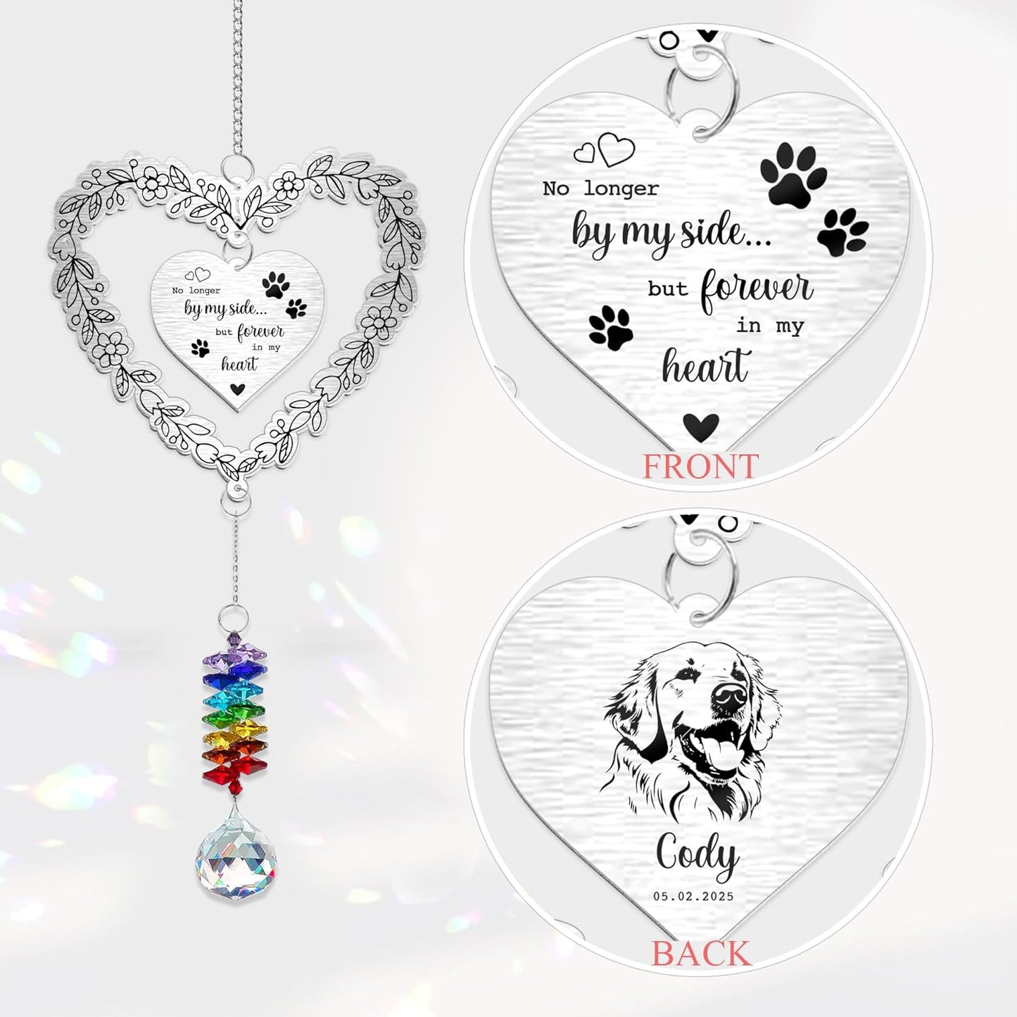 Personalized Dog Memorial Aluminum Suncatcher Ornament – No Longer by My Side But Forever in My Heart – Custom Pet Portrait Remembrance Gift for Dog Loss, Pet Memorial Decor