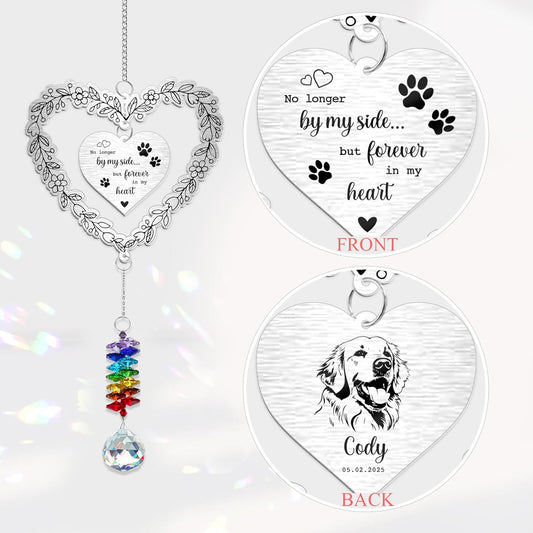 Personalized Dog Memorial Aluminum Suncatcher Ornament – No Longer by My Side But Forever in My Heart – Custom Pet Portrait Remembrance Gift for Dog Loss, Pet Memorial Decor